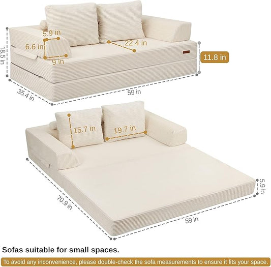 COMAX Convertible Sofa Bed, Folding Floor Couch Corduroy Fold Out Couch Bed Futon Sleeper Mattress with Pillows, Boneless Sofa Comfy Lounge Loveseat for Living Room Bedroom, Beige