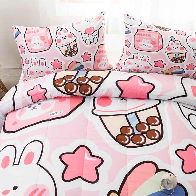 CVHOUSE Kawaii Bedding Queen Size,Kawaii Rabbit Bedding Set for Girls Kids,Cute Rabbit Comforter Set Kawaii Rabbit Duvet Set Rabbit Pattren Quilt Set Girls Room Decor 3 Pieces
