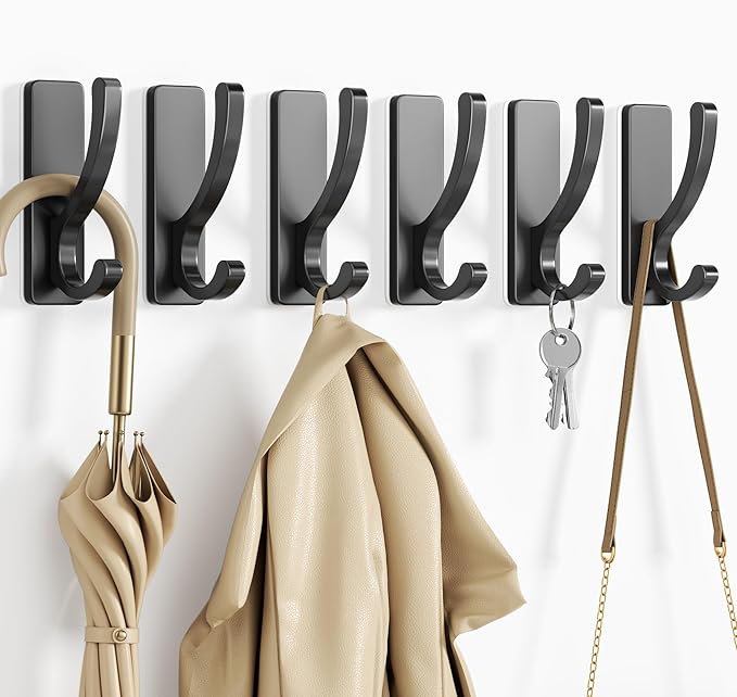 pickpiff Adhesive Wall Hooks for Towels - Sticky Hook Hanging Heavy Duty (13lb), Hanger for Door, Bathroom, Dorm, Closet - for Coats, Purse, Bag, Robe - No Damage to Wall - Black 4 Pack