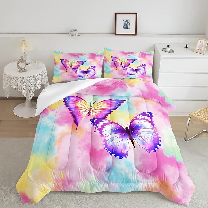 CVHOUSE Butterfly Bedding Set,Butterfly Comforter Queen,Butterfly Comforter Set for Girls Kids Teens,Butterflies Quilt Set with 1 Comforter and 2 Pillow Cases