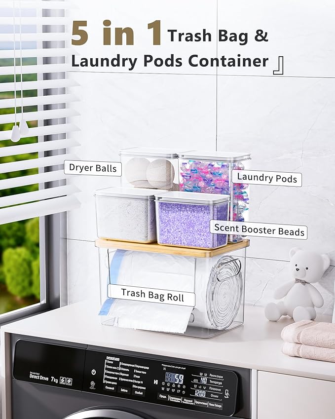 Trash Bag Dispenser Dishwasher Pods Container, 5 in 1 Garbage Bags Holder Under Sink Organizer Acrylic Laundry Pod Detergent Powder Container, Kitchen Pantry Laundry Room Organization Storage