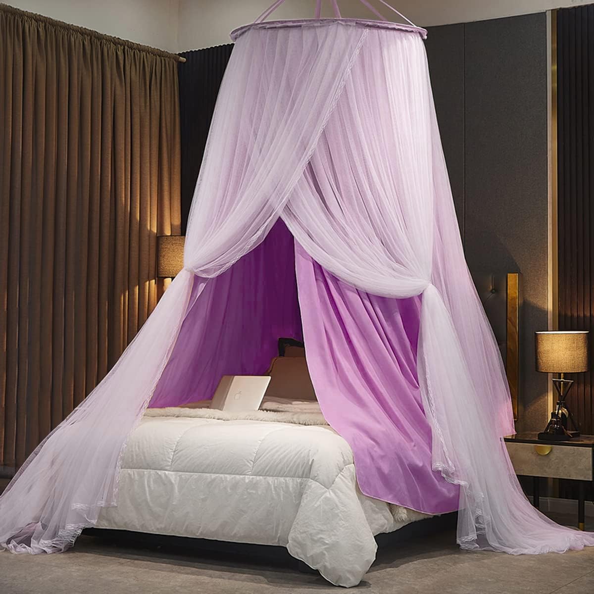 Kertnic Luxurious Bed Canopy for Girls & Adults - Double Layer Princess Canopy with Lace, Round Dome Mosquito Netting for Queen/King Bed Tent (Black) Dormly