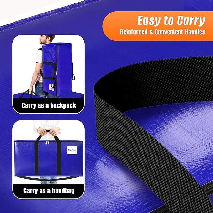 10-Pack Moving Bags with Backpack Straps & Carry Handles, 30 Gallons-125 L Heavy Duty Storage Totes for Space Saving, Foldable Storage Bags for College Dorm, Travel, Camping (Blue)