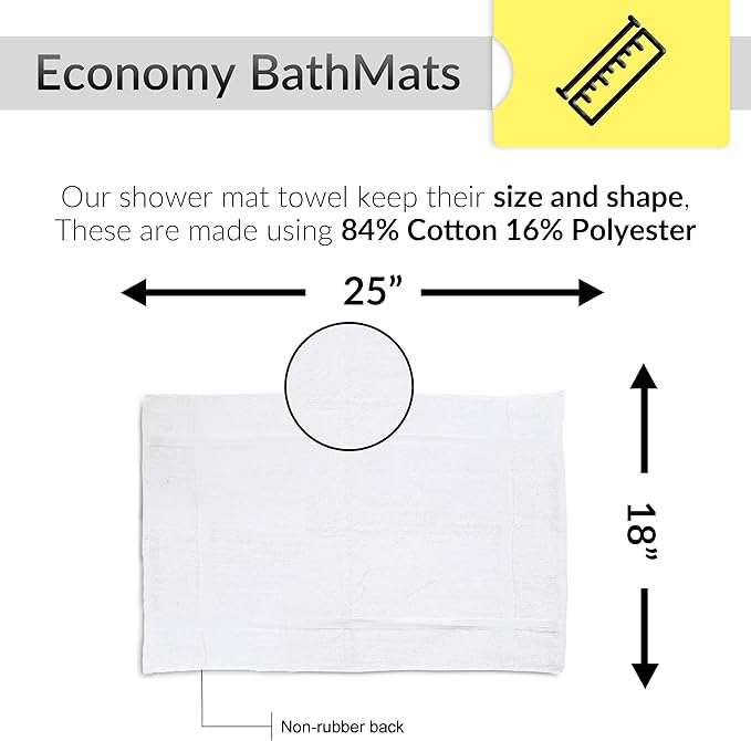 GOLD TEXTILES Cotton Blend Economy White Hotel Bath Mat Towel (18x25 Inches) Light Weight Quick Drying & Machine Washable (48 Pack)