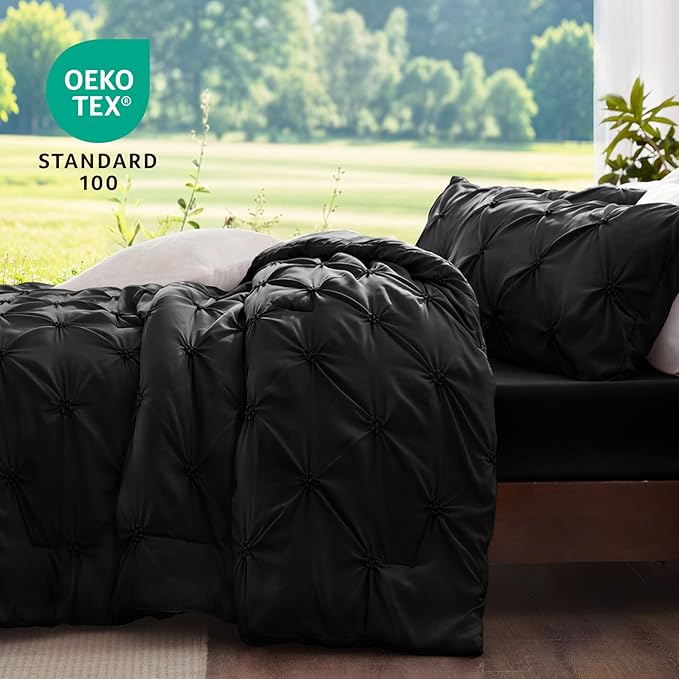 BEDELITE Black Comforter Set Queen - 3 Pieces Boho Pintuck Bedding Comforter Sets, Lightweight Soft & Warm Bed Comforter Queen with 2 Pillowcases for All Season