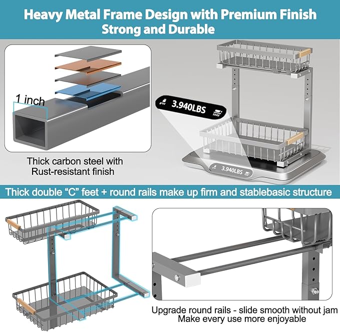 Under Sink Organizer Storage 2 Pack, 2 Tier Slide Out Height Adjustable Pull Out Cabinet Organizer Drawer for Kitchen Bathroom Large Under Sink Shelf Rack Caddy for Pantry, Grey