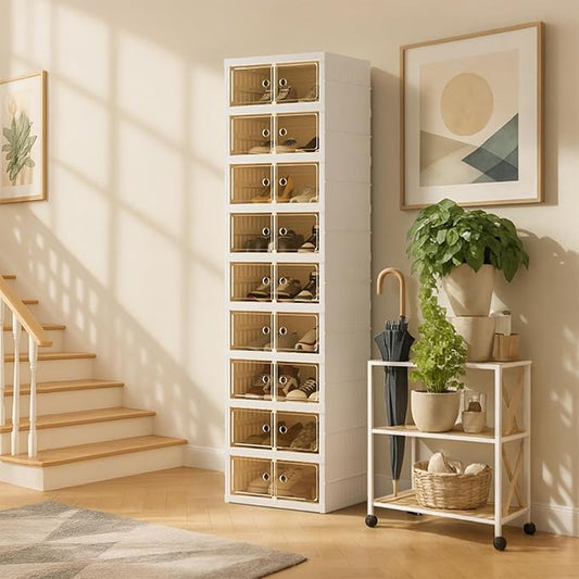 Foldable Shoe Organizer Storage Box, Portable Extra Large Folding Shoe Rack for Closet, Shoe Storage Box with Magnetic Transparent Door and Wheels, 9 Layers 18 Grids