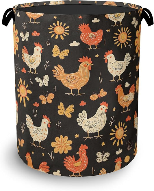 Cute Roosters Laundry Basket,Flower Butterfly Foldable with Handles Tote Bag Oxford Cloth for Bathroom Bedroom Dirty Clothes Storage Bucket 16" x 20.8"