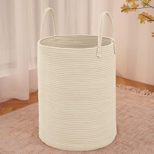 Large Woven Laundry Basket Hamper,60L Cotton Rope Storage Bin for Blankets,Toys and Clothes,Decorative Tall Nursery Hamper for Living Room,Baby Nursery,Bathroom and Bedroom,Beige