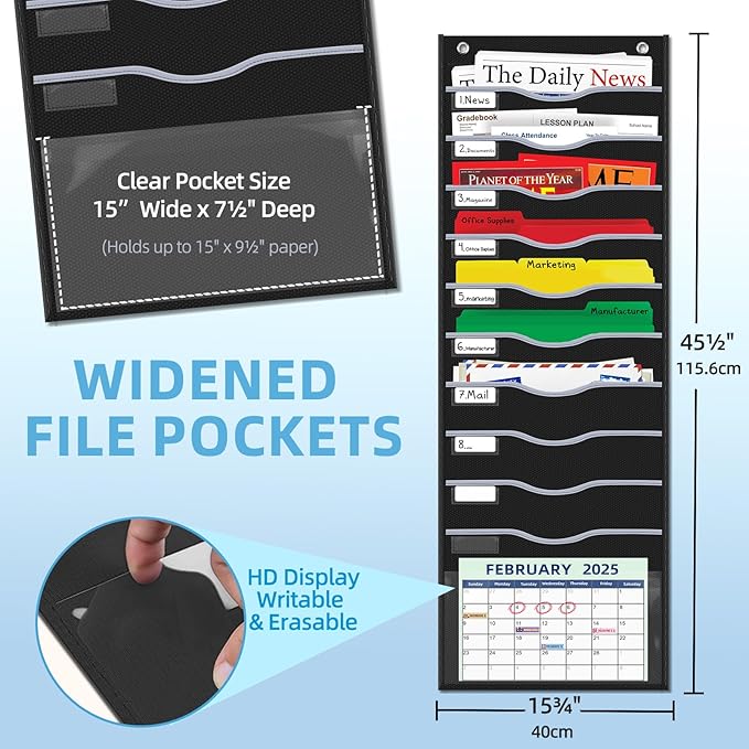 11 Pockets Hanging Wall File Organizer 15" Extra Wide Pocket Chart for Classroom, Office, Home, Mail Organizer Wall Mounted with 1 Writable Clear Pocket, 5 Wall/Door Hooks & 12 Labels (Black)
