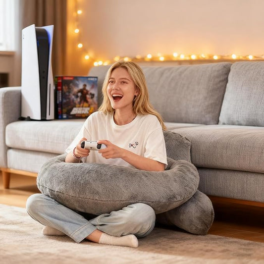 Reading Pillow for Bed,U Shaped & Back Support Pillow for Bed,19" Backrest with Lumbar & Arm Support,Luxurious Faux Rabbit Fur,Gaming PillowFor Crochet/Reading/Watching TV,Gray
