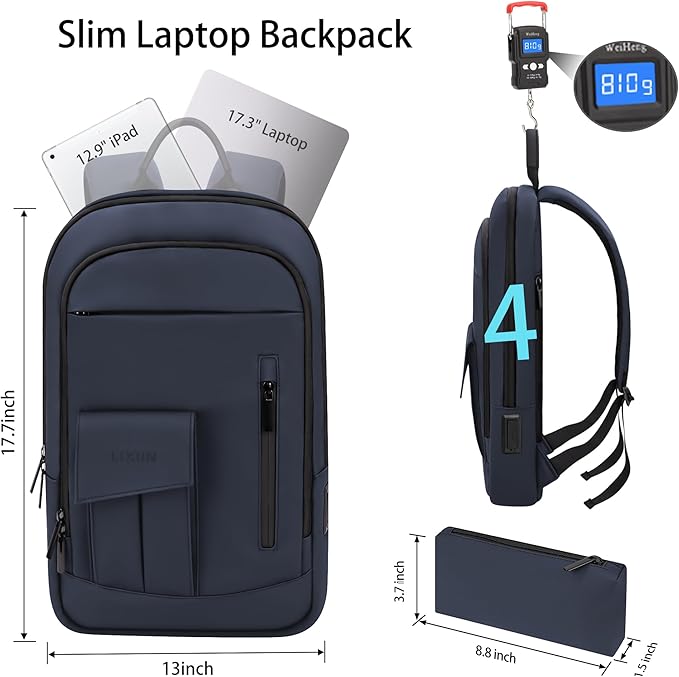 Business Backpack for Men Slim Lightweight Laptop Backpack for 17.3 Inch Computer Water Resistant Small Office Backpack for Commute Travel Daily Office Work with Small Bag (Blue)