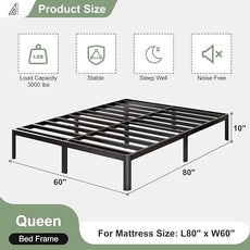 10 Inch Queen Bed Frame with Rounded Corner Legs, 2000 LBS Heavy Duty Metal Queen Platform Bed Frame with Steel Slats Support, No Box Spring Needed, Noise Free, Easy Assembly