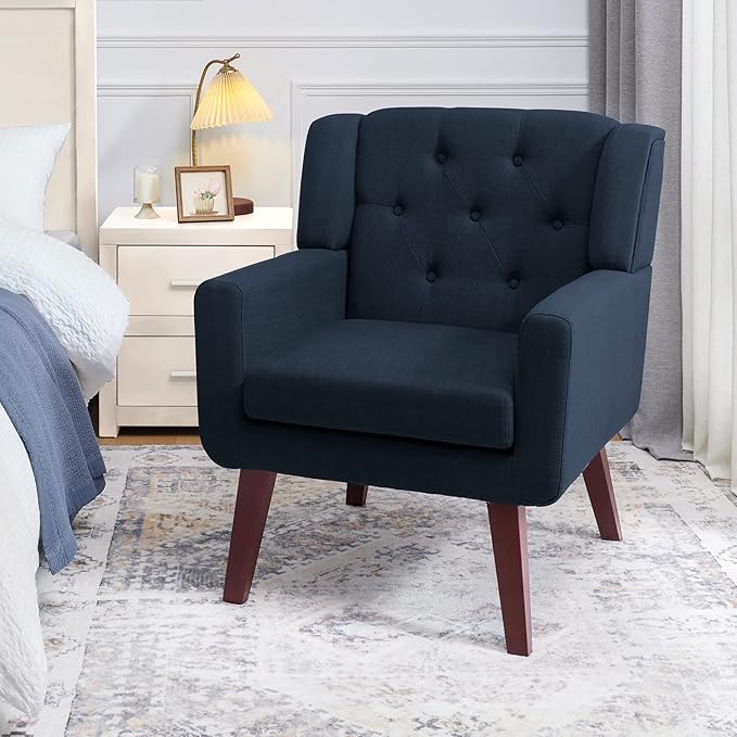 Accent Chair Button-Tufted Upholstered Living Room Chairs Comfy Reading Chair Mid Century Modern Chair with Linen Fabric Lounge Arm Chairs for Living Room Bedroom (Dark Blue)