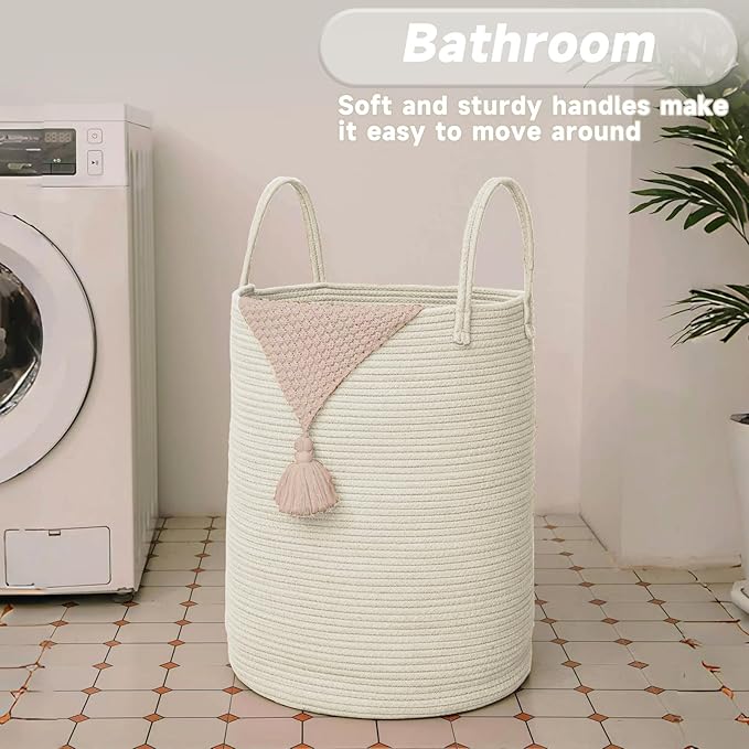 Large Woven Laundry Basket Hamper,100L Cotton Rope Storage Bin for Blankets,Toys and Clothes,Decorative Tall Nursery Hamper for Living Room,Baby Nursery,Bathroom and Bedroom,White