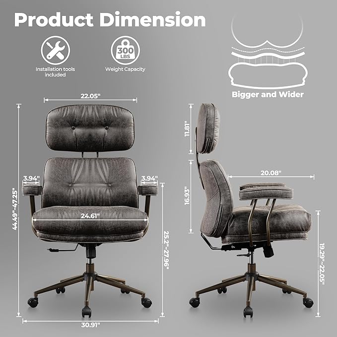 ovios Ergonomic Office Chair, High Back Faux Leather Executive Chairs with Thick Cushion, Comfy High-Century Modern Swivel Rolling Computer Armchair (Dark Grey, Suede Leather)