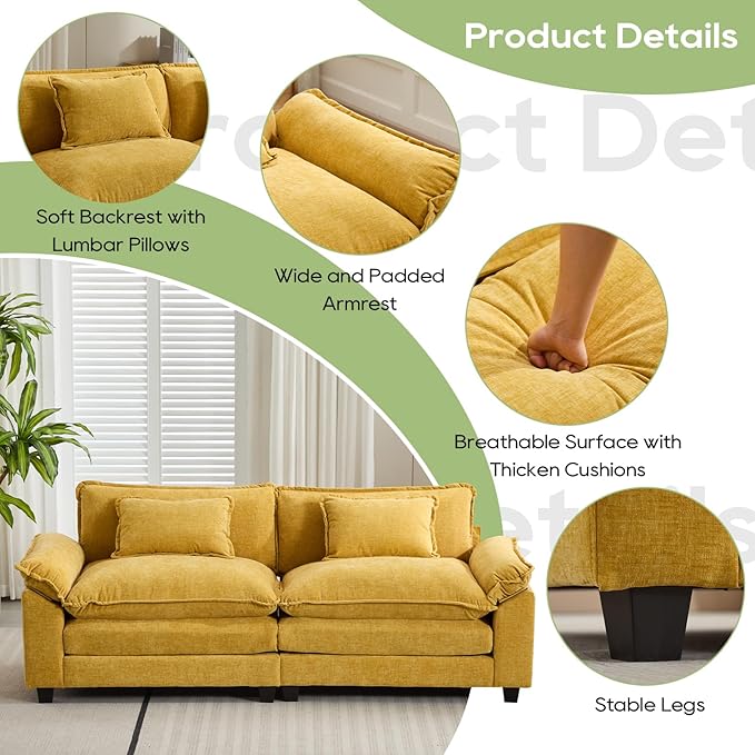 86" Modular Sectional Sofa, Comfy Cloud Couch Sectional Sofa, Chenille Sofa Sleeper Deep Seat Sofa with Throw Pillows for Living Room (Yellow, 86"- Loveseat)