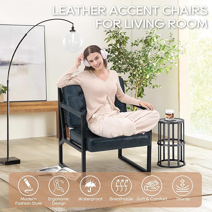 COLAMY Modern Accent Chair, Accent Arm Chair for Living Room, Comfy Leather Armchair with Metal Legs for Bedroom Reception Waiting Room, Blue