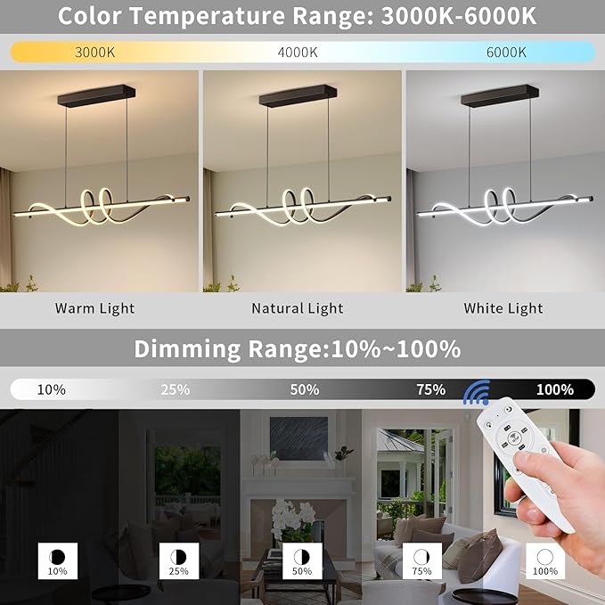 Modern LED Pendant Lights, 47in Chandelier Dimmable with Remote Control 3000k-6000K Adjustable Color Temperature, Aluminum Island Lighting Lamp Fixture for Kitchen, Dining Room, Billiard Room
