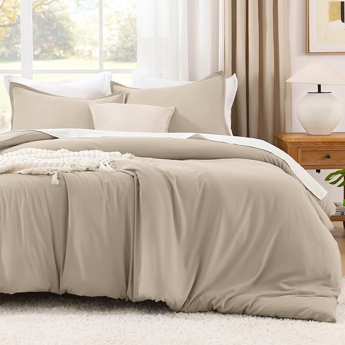 Litanika Comforter Set, Lightweight Solid Bedding Comforter Set, Fluffy Down Alternative Bed Set, Khaki, Oversized Queen