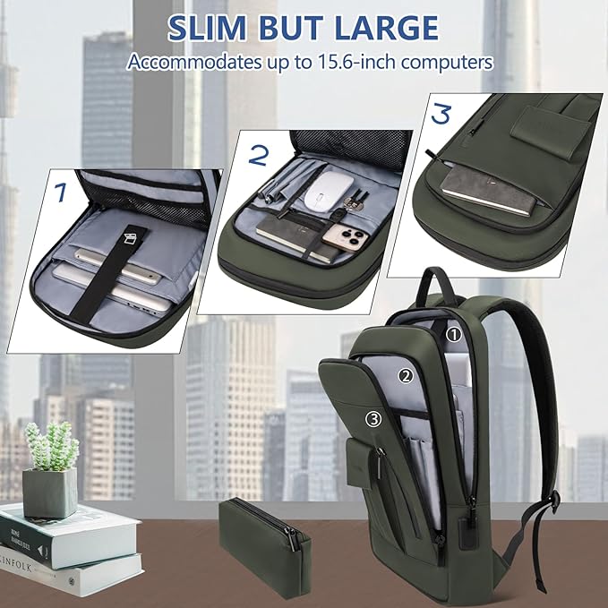 Business Backpack for Men Slim Lightweight Laptop Backpack Water Resistant Small Office Backpack for Commute Travel Daily Office Work with Small Bag (Green)