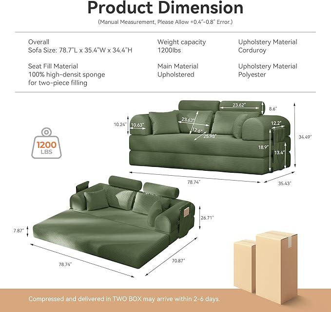 Upgrade High Backrest Design Sofa Bed with Fixed-Shape Frame & Removable Armrests and Backrest, Corduroy Fabric, Convertible Couch for Small Spaces - No Assembly Neede (High Backrest Olive Green)