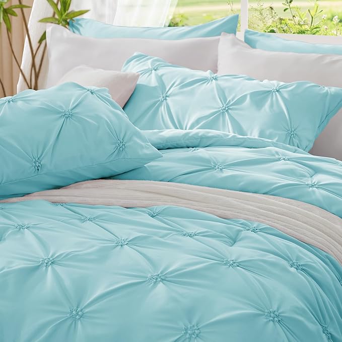 BEDELITE Macaron Blue Twin Comforter Set - 2 Peices Boho Pintuck Bedding Comforter Sets, Lightweight Soft & Warm Twin Bedding Sets with 1 Pillowcase for All Season