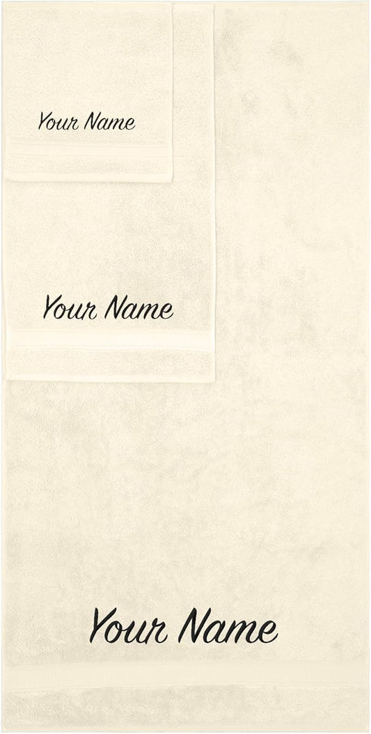 Personalized Towels, Hotel & Spa Quality, Super Soft, Highly Absorbent, Bathroom Sets, 100% Cotton Monogrammed towels 3 Piece Towel Set, Includes 1 Bath Towels, 1 Hand Towels, 1 Washcloths Cream color