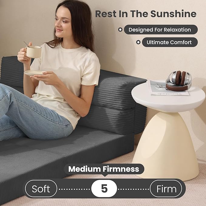 Folding Sofa Bed, Convertible Sleeper Chair with Pilow Foldable Matress, 2 in 1 Pull Out Loveseat Sofa Portable Fold Out Chair Bed Floor Couch Lounge for Living Room Bedroom (Grey, Full)