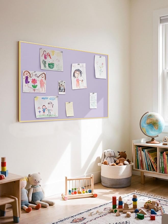 Bulletin Board 30 x 20 inches, Light Lavender Pin Board, Golden Aluminum Framed Fabric Cork Board with 10 Push Pins