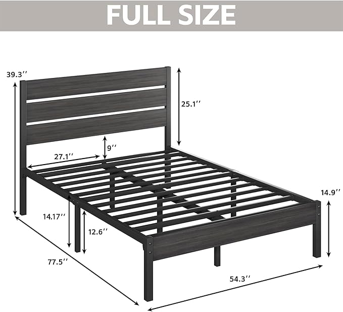 Full Bed Frame with Headboard and Footboard, Metal Platform Bed Frame with Under Bed Storage, All-Metal Support System, No Box Spring Needed, Easy Assembly,Rustic Grey