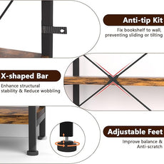 7-Tier Corner Bookshelf, Reversible Wooden Shelves, Industrial Bookcase with Open Shelves and Sturdy Metal Frame, Display Shelf Storage Rack for Living Room, Bedroom, Home Office (Rustic Brown)