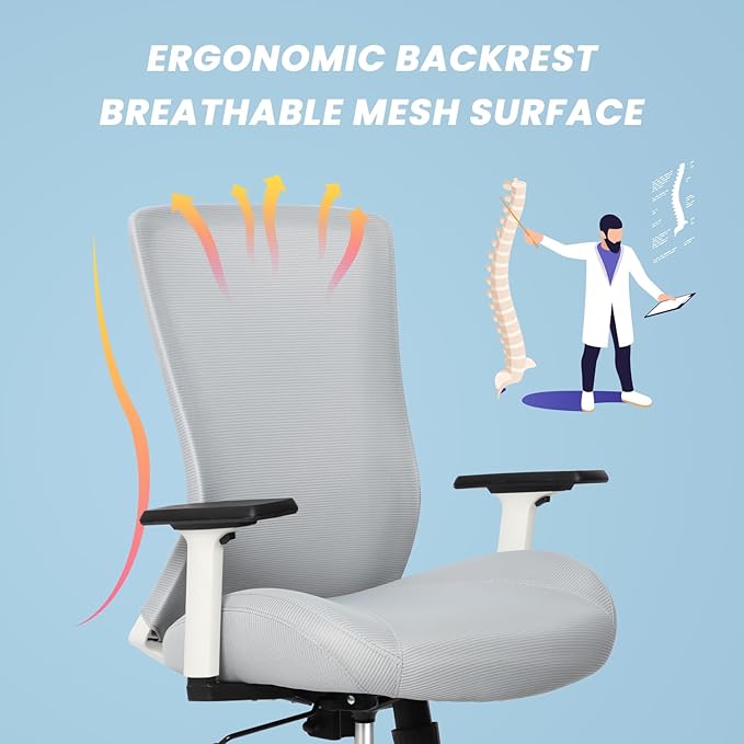 Heavy Duty Big and Tall Office Chair 400lb for Heavy People, Ergonomic Wide Desk Chair White Mesh Office Chair with Lumbar Support, Adjustable Height and Armrests