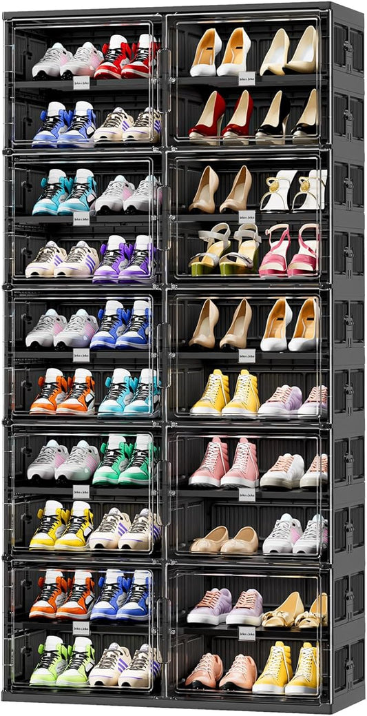 JEKO&JEKO 10 Tiers Foldable Shoe Rack Organizer Cabinet for Closet Entryway, Large Collapsible Shoe Storage Box with Magnetic Doors (Black)
