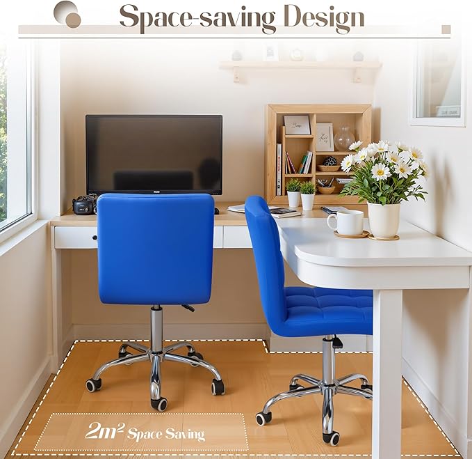 Furmax Mid-Back Office Task Chair Ribbed PU Leather Executive Chair Modern Adjustable Home Desk Chair Retro Comfortable Work Chair 360 Degree Swivel with Arms (Blue)