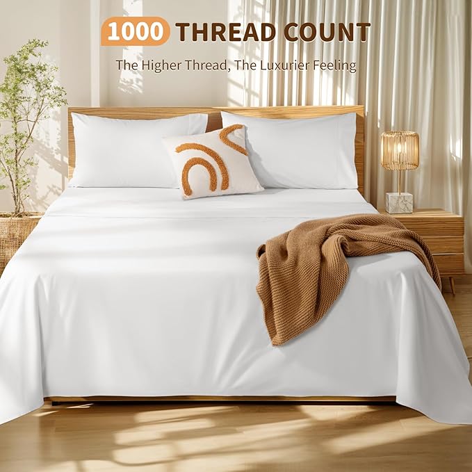 LBRO2M 100% Cotton Sheets Set Deep Pocket 19", 1000 Thread Count California King Size 4 Piece Bed Sheet Sets Soft Comfortable Bedding All Season (California King, White) LBRO2MBedding