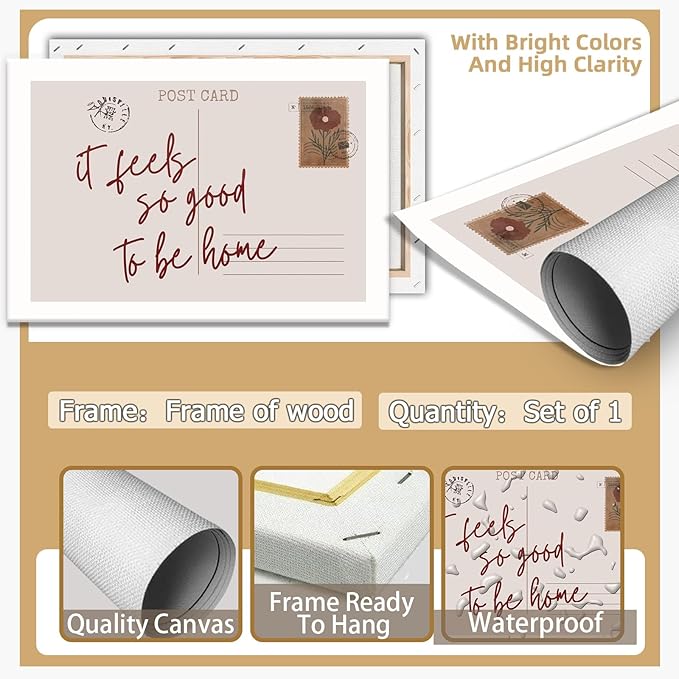 Retro Postcard Posters Neutral Feels So Good To Be Home Wall Art Trendy Pink Girly Room Decor Funky Quotes Canvas Prints Modern Stamp Sign Aesthetic for College Dorm Apartment Bedroom 16x24in Framed