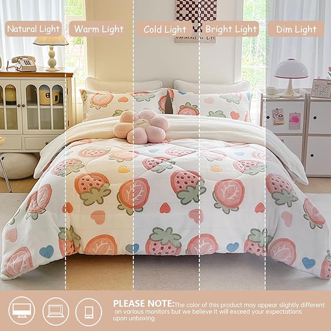 Strawberry Print Fleece Comforter Set - 3 Piece Full Size Comforters for Her Girls, Cozy Thick Warm, Soft Microfiber Bedding Bedroom Decor, (1 Comforter + 2 Pillow Shams)