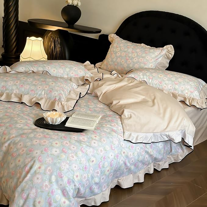HighBuy Aesthetic Ruffle Floral Duvet Cover Set King,100% Brushed Cotton Soft Durable Reversible Coquette Ruffle Bedding Set,Pink White Floral Bedding Set,Duvet Cover with 2 Pillowcases