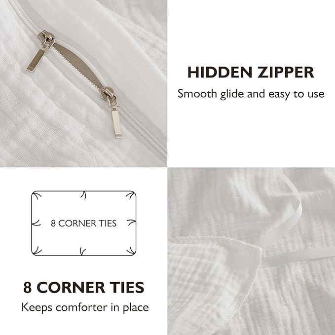 EMME Muslin Cotton Duvet Cover Set Cream White King Size Linen Like Soft Breathable Lightweight Summer Comforter Cover Set with Zipper Closure (Cream White, King, 104"x90")