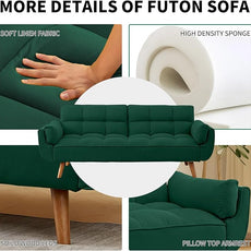 Solid Wood Feet Futon Couch Tufted Convertible Sleeper Sofa Bed Solid Wood Legs Adjustable Backrest Living Room Hemp Sponge S-Shaped Spring Eucalyptus Frame (Green)