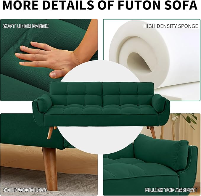 Solid Wood Feet Futon Couch Tufted Convertible Sleeper Sofa Bed Solid Wood Legs Adjustable Backrest Living Room Hemp Sponge S-Shaped Spring Eucalyptus Frame (Green)