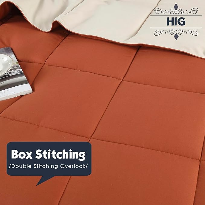 HIG 3pc Burnt Orange Queen Size Comforter Set - All Season Reversible Down Alternative Comforter with Sham - Quilted Duvet Insert with Corner Tabs - Box Stitched - Breathable, Soft, Fluffy
