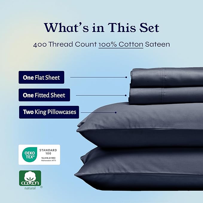 California Design Den King Bed Sheets Set - Soft 400 Thread Count Sateen, Natural 100% Cotton Sheets, Deep Pockets with All-Around Elastic, Durable Bedding Set - Indigo Dusty Blue CaliforniaDesignDen