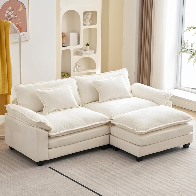 86" Modular Sectional Sofa, Comfy Cloud Couch Sectional Sofa with Ottoman, Chenille Sofa Sleeper Deep Seat Sofa with Throw Pillows for Living Room (Beige White, 86"- L Shape)