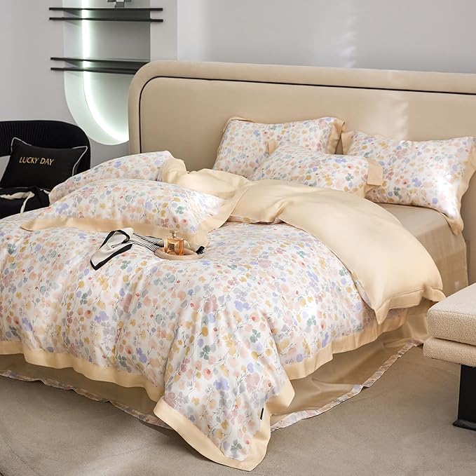 mixinni Shabby Chic Breathable Lyocell Duvet Cover Set Soft Aesthetic Colorful Painting Flowers Cooling Bedding for Hot Sleepers with 2 Pillow Shams, Zipper Closure and 4 Ties, Twin XL Size