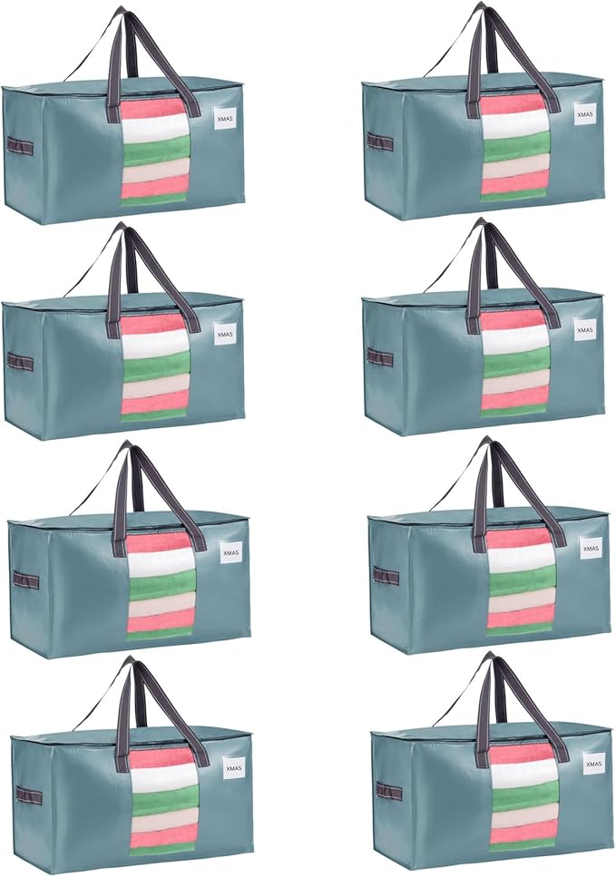 VENO 8 Pack Moving Bags, Christmas Storage Bins, Moving Boxes Alternative, Comforter and Blanket Storage Bags, College Dorm Packing Supplies, Foldable Heavy-Duty Tote (Shiny Light Blue, 8 Pack)