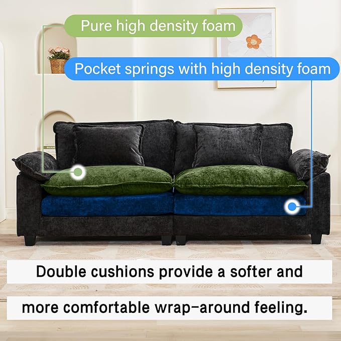 86" Modular Sectional Sofa, Comfy Cloud Couch Sectional Sofa with Ottoman, Chenille Sofa Sleeper Deep Seat Sofa with Throw Pillows for Living Room (Black, 86"- Loveseat)