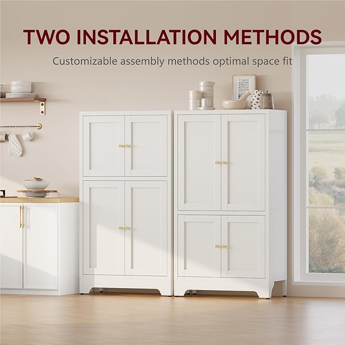 Bathroom Floor Storage Cabinet,Freestanding Bathroom Storage Cabinets,White Bathroom Cupboard,Metal Floor Cabinets,Small Cabinet with 2 Adjustable Shelves&4 Doors