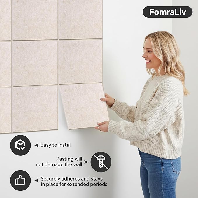 12 Pack Felt Cork Board Tiles 11.8×11.8 Inch, DIY Wall-Mounted Bulletin Board with 35 Pushpins & 100 Adhesive Pads, Sound-Absorbing Magnetic Corkboard for Home Office Classroom Vision Board (Camel)